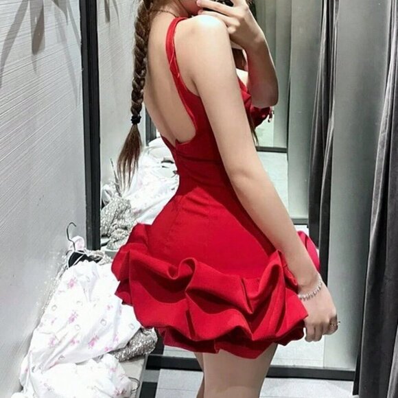 Red Elegant Women's Hem Mini Tank Sleeveless Round Neck Slim Dress - Picture 4 of 5